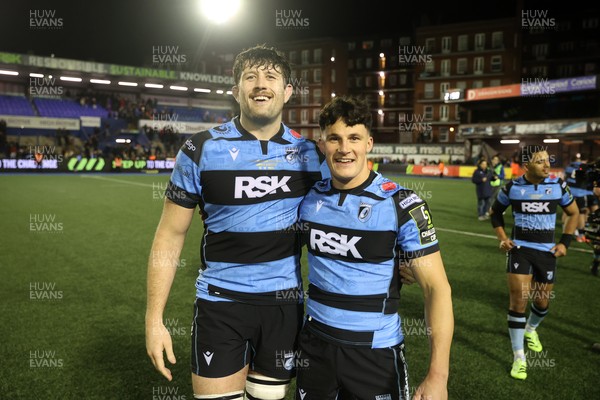 131225 - Cardiff Rugby v Ulster - United Rugby Championship - Rory Thornton and Ellis Bevan of Cardiff celebrate at full time