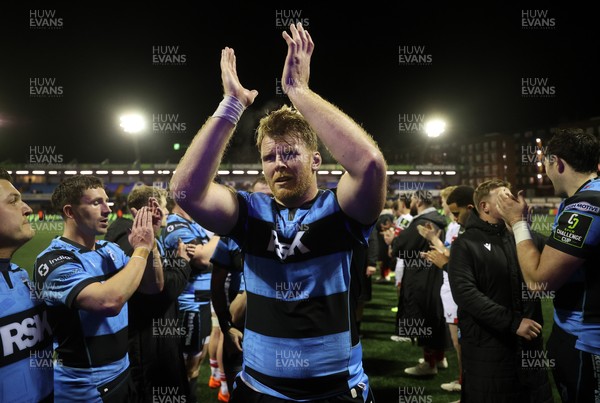131225 - Cardiff Rugby v Ulster - United Rugby Championship - Josh McNally of Cardiff celebrates at full time