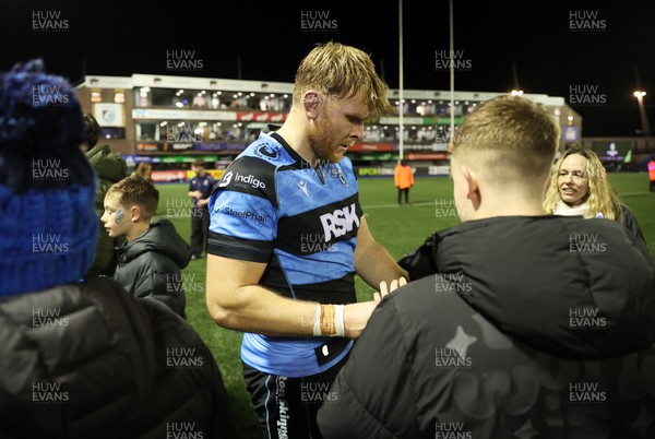 131225 - Cardiff Rugby v Ulster - United Rugby Championship - Josh McNally of Cardiff with fans at full time