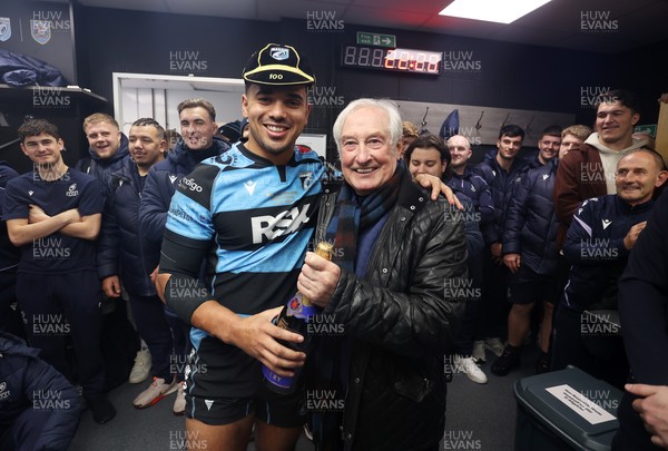 131225 - Cardiff Rugby v Ulster - United Rugby Championship - Ben Thomas of Cardiff receives his 100th cap from Sir Gareth Edwards
