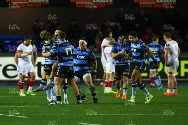131225 - Cardiff Rugby v Ulster - EPCR Challenge Cup - Callum Sheedy of Cardiff celebrates with team mates as he wins the match with the final kick of the game