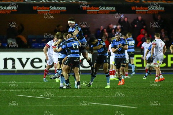 131225 - Cardiff Rugby v Ulster - EPCR Challenge Cup - Callum Sheedy of Cardiff celebrates with team mates as he wins the match with the final kick of the game