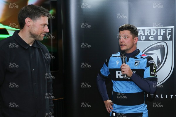 131225 - Cardiff Rugby v Ulster - EPCR Challenge Cup - Pommery Player of the Match Callum Sheedy of Cardiff receives his award from Rhys Preistland