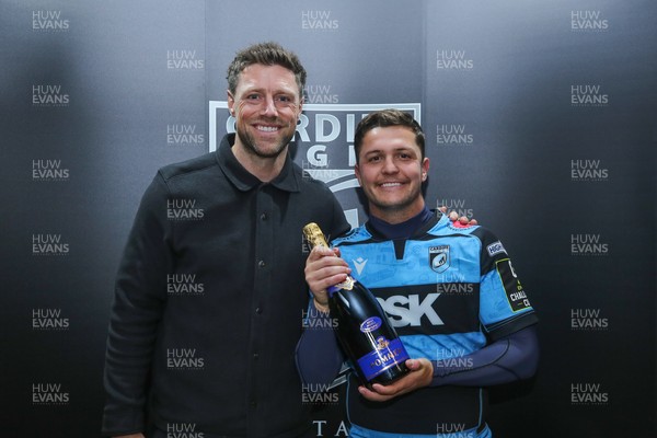 131225 - Cardiff Rugby v Ulster - EPCR Challenge Cup - Pommery Player of the Match Callum Sheedy of Cardiff receives his award from Rhys Preistland