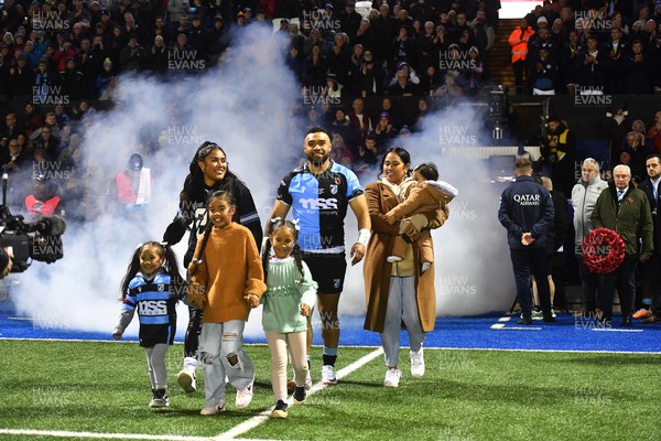 101123 - Cardiff Rugby v Vodacom Bulls - United Rugby Championship - Willis Halaholo of Cardiff leads out his side on his 100th game with family