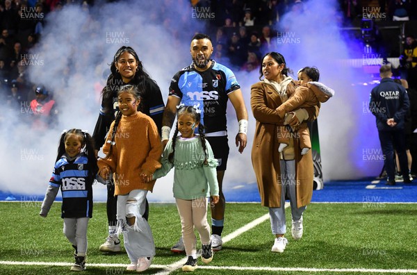 101123 - Cardiff Rugby v Vodacom Bulls - United Rugby Championship - Willis Halaholo of Cardiff leads out his side on his 100th game with family