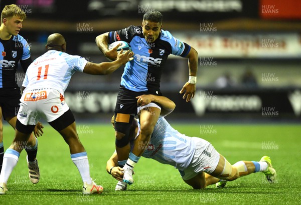 101123 - Cardiff Rugby v Vodacom Bulls - United Rugby Championship - Rey Lee-Lo of Cardiff is tackled by Akker van der Merwe of Bulls