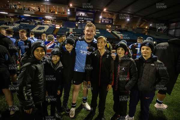 101123 - Cardiff Rugby v Vodacom Bulls - United Rugby Championship - Rhys Carre of Cardiff with fans at full time