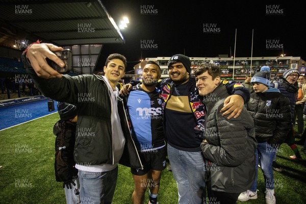 101123 - Cardiff Rugby v Vodacom Bulls - United Rugby Championship - Willis Halaholo of Cardiff with fans at full time