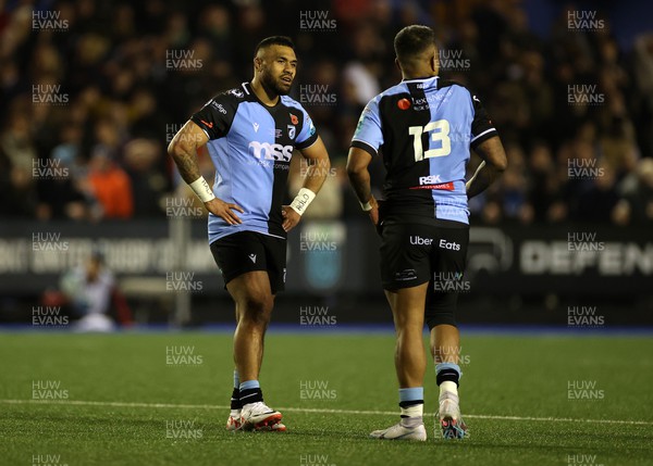 101123 - Cardiff Rugby v Vodacom Bulls - United Rugby Championship - Willis Halaholo and Rey Lee-Lo of Cardiff 