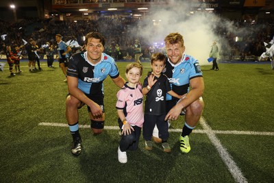 021026 - Cardiff Rugby v Zebre Parma - United Rugby Championship - Teddy Williams and Josh McNally of Cardiff with mascots