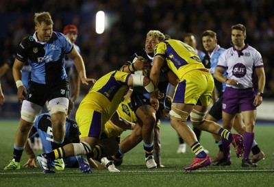 021026 - Cardiff Rugby v Zebre Parma - United Rugby Championship - Javan Sebastian of Cardiff is tackled by Francesco Ruffolo of Zebre 