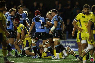 021026 - Cardiff Rugby v Zebre Parma - United Rugby Championship - Javan Sebastian of Cardiff scores a try