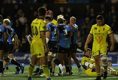 021026 - Cardiff Rugby v Zebre Parma - United Rugby Championship - Javan Sebastian of Cardiff scores a try