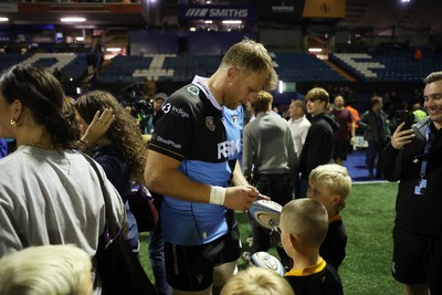 021026 - Cardiff Rugby v Zebre Parma - United Rugby Championship - Josh McNally of Cardiff with fans at full time