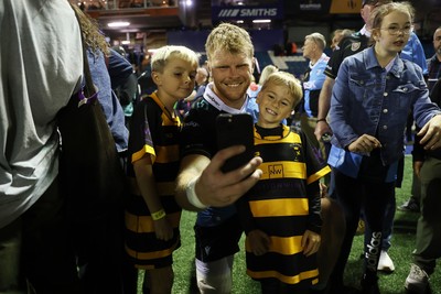 021026 - Cardiff Rugby v Zebre Parma - United Rugby Championship - Josh McNally of Cardiff with fans at full time