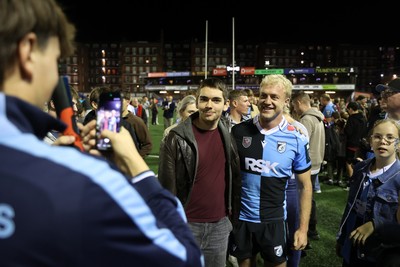 021026 - Cardiff Rugby v Zebre Parma - United Rugby Championship - Johan Mulder of Cardiff with fans at full time