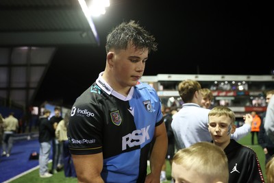 021026 - Cardiff Rugby v Zebre Parma - United Rugby Championship - Tom Howe of Cardiff with fans at full time