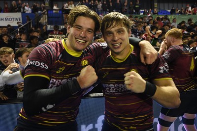 031225 - Cardiff Uni v Cardiff Met - Cardiff Clash - Cardiff Met players celebrate the win at full time
