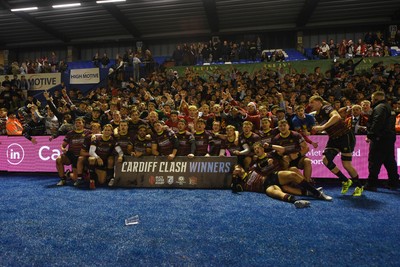 031225 - Cardiff Uni v Cardiff Met - Cardiff Clash - Cardiff Met players celebrate the win at full time
