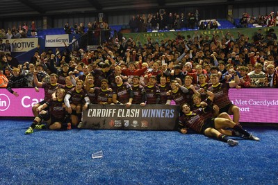 031225 - Cardiff Uni v Cardiff Met - Cardiff Clash - Cardiff Met players celebrate the win at full time