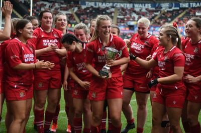 240424 - Cardiff University v Swansea University - Welsh Varsity Women’s Match - Cardiff University Celebrate after defeating Swansea University and lift the Welsh Varsity Cup