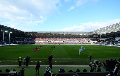 240424 - Cardiff University v Swansea University - Welsh Varsity Mens Match - Wide shot of the pitch with the atmosphere building