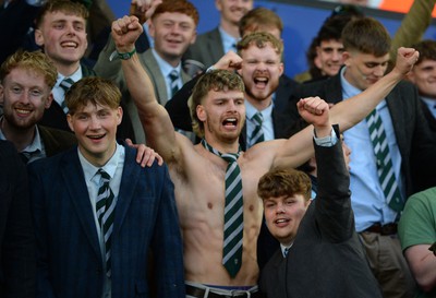 240424 - Cardiff University v Swansea University - Welsh Varsity Mens Match - Supporters and of Swansea Uni celebrate after a victory