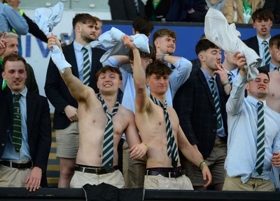 240424 - Cardiff University v Swansea University - Welsh Varsity Mens Match - Supporters and of Swansea Uni celebrate after a victory