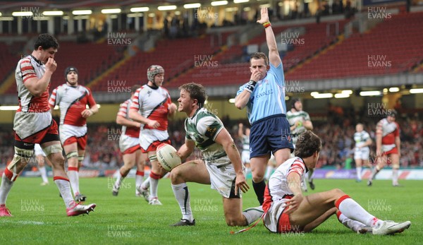 30.03.11 - Cardiff University v Swansea University - Welsh Varsity 2011 - Tom Rowlands of Swansea University celebrates his try. 