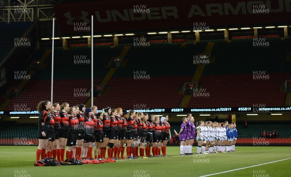 100419 - Cardiff University Women v Swansea University Women - Welsh Varsity - Players line up for the anthems