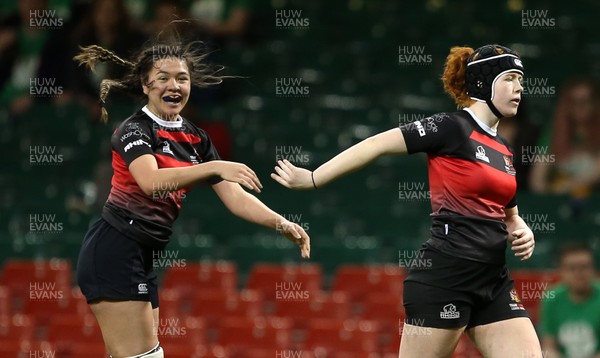 100419 - Cardiff University Women v Swansea University Women - Varsity 2019 - Megan Jenkins of Cardiff celebrates scoring a try