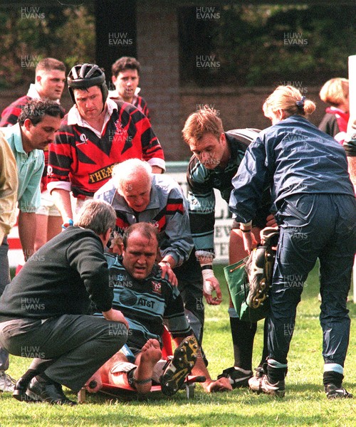 080495 - Cardiff v Aberavon - Injured Derwyn Jones of Cardiff is carried off with a suspected broken ankle 