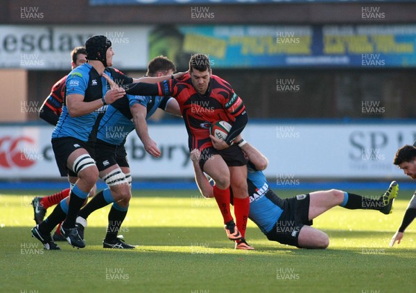 231113 Cardiff RFC v Aberavon RFC - Principality Premiership -Matthew Jenkins of Aberavon is tackled by James Sheekey, Sam Feehan and Ceiron Thomas of Cardiff