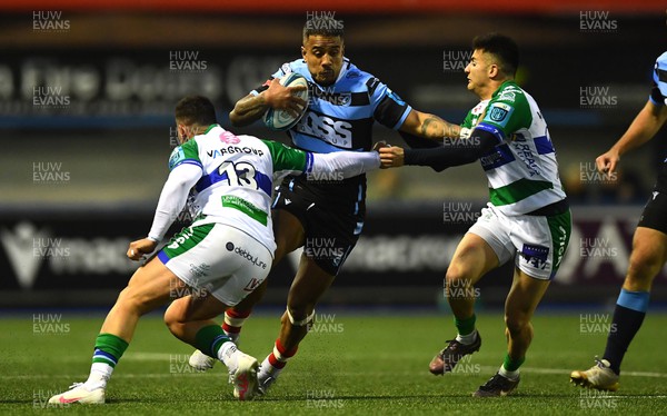 180223 - Cardiff Rugby v Benetton - United Rugby Championship - Rey Lee-Lo of Cardiff is tackled by Marco Zanon of Benetton