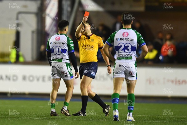 180223 - Cardiff Rugby v Benetton - United Rugby Championship - Referee Chris Busby shows Tomas Albornoz of Benetton a red card