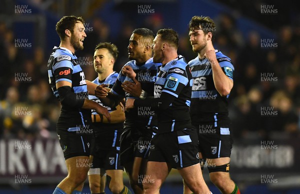 180223 - Cardiff Rugby v Benetton - United Rugby Championship - Max Llewellyn, Matthew Morgan, Rey Lee-Lo, Owen Lane and James Ratti of Cardiff celebrates win