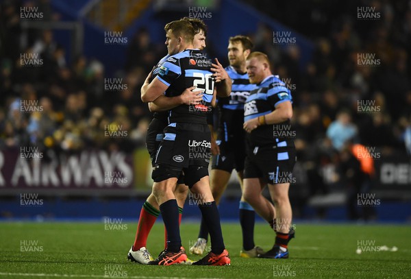 180223 - Cardiff Rugby v Benetton - United Rugby Championship - James Ratti and Shane Lewis-Hughes of Cardiff celebrates win