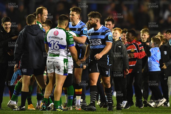 180223 - Cardiff Rugby v Benetton - United Rugby Championship - Kirby Myhill of Cardiff is greeted by supporters at the ene of the game