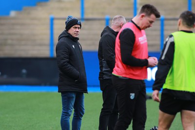 270124 - Cardiff v Bridgend - Indigo Group Premiership - Gruff Rhys of Cardiff RFC coaching team during the warm up 