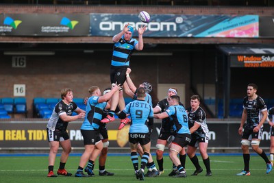 270124 - Cardiff v Bridgend - Indigo Group Premiership - Ethan Phillips of Cardiff wins lineout ball