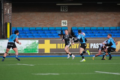 270124 - Cardiff v Bridgend - Indigo Group Premiership - Edd Howley of Bridgend Ravens defends his try line