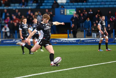 270124 - Cardiff v Bridgend - Indigo Group Premiership - Jamie Hodgkins of Bridgend Ravens kicks a goal