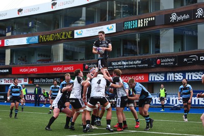 270124 - Cardiff v Bridgend - Indigo Group Premiership - Alfie Llewellyn of Bridgend Ravens wins lineout ball