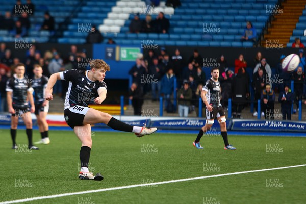270124 - Cardiff v Bridgend - Indigo Group Premiership - Jamie Hodgkins of Bridgend Ravens kicks a goal