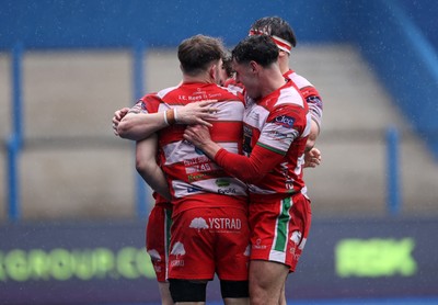 020526 - Cardiff RFC v Llandovery RFC - SRC Semi Final - Kian Abraham of Llandovery celebrates scoring a try with team mates