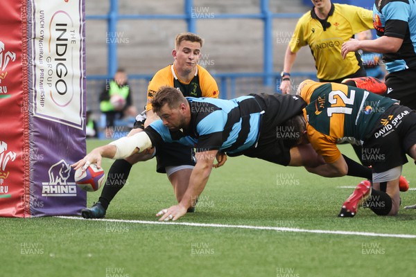 280422 - Cardiff v Merthyr, Indigo Premiership - Morgan Allen of Cardiff loses the ball as he dives over the line, meaning the try is ruled out