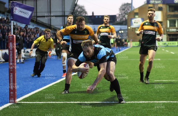 280422 - Cardiff v Merthyr, Indigo Premiership - James Beal of Cardiff dives in to score try