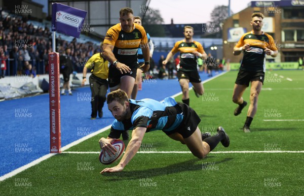 280422 - Cardiff v Merthyr, Indigo Premiership - James Beal of Cardiff dives in to score try