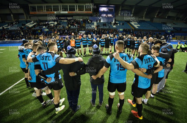 280422 - Cardiff v Merthyr, Indigo Premiership - Cardiff huddle together at the end of the match which saw them take the Indigo Premiership title at Cardiff Arms Park